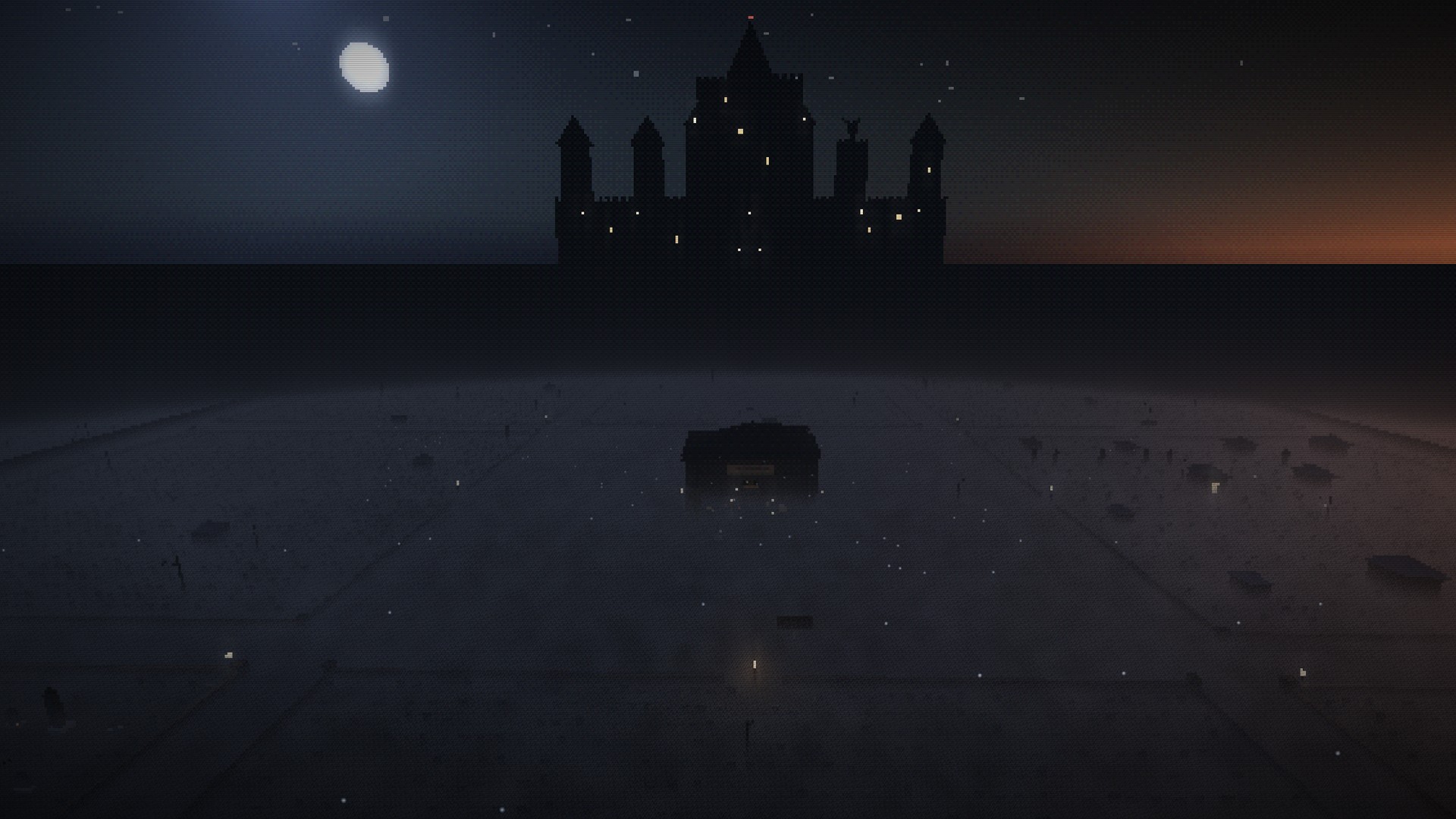 The Necropolis from the air at night: a walled city of graves, New World's mausoleum at its centre, a castle on the ridge
